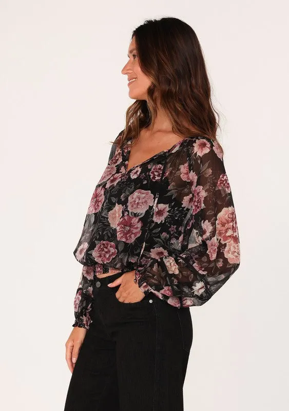 SHEER FLORAL SMOCKED WAIST BLOUSE