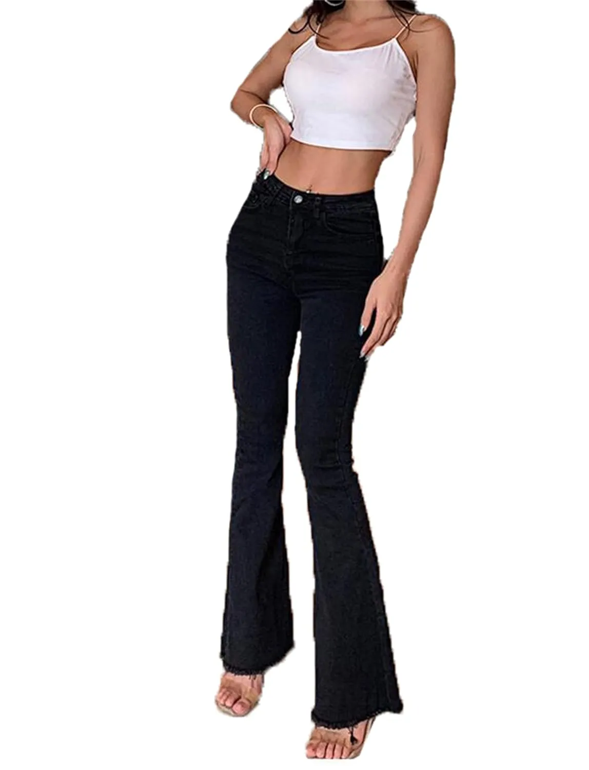 Skinny Bell Bottom Jeans for Women High Waisted Flare Jeans with Classic Wide Leg Denim Pants (Large,Black)
