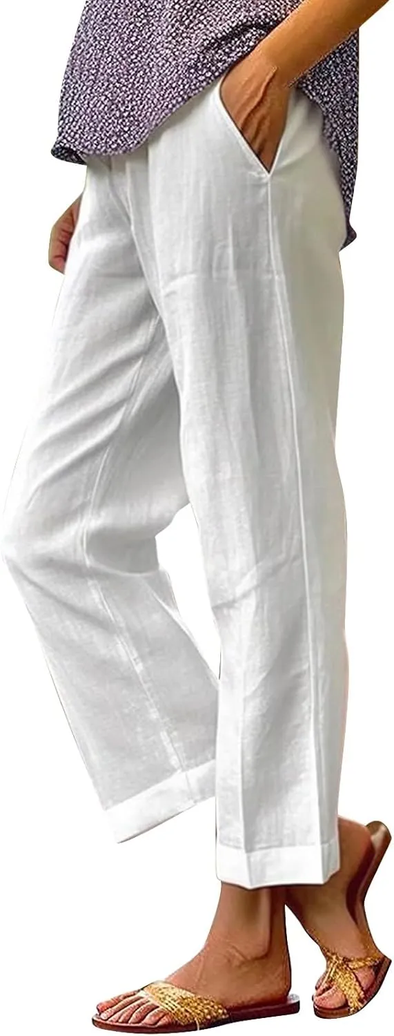 Summer Linen Capri Pants High Waisted Wide Leg Lounge Trousers Comfy Soft Trousers Trendy Casual Resort Wear