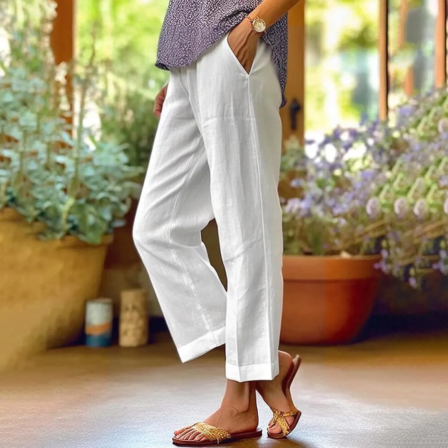Summer Linen Capri Pants High Waisted Wide Leg Lounge Trousers Comfy Soft Trousers Trendy Casual Resort Wear