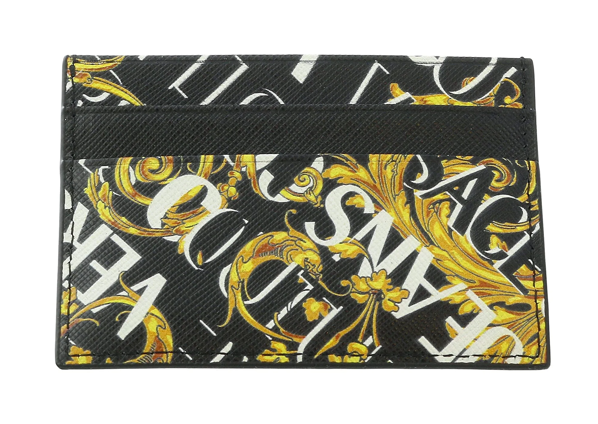 Versace Jeans Couture Black Gold Leather Baroque Brush Pattern Cardholder