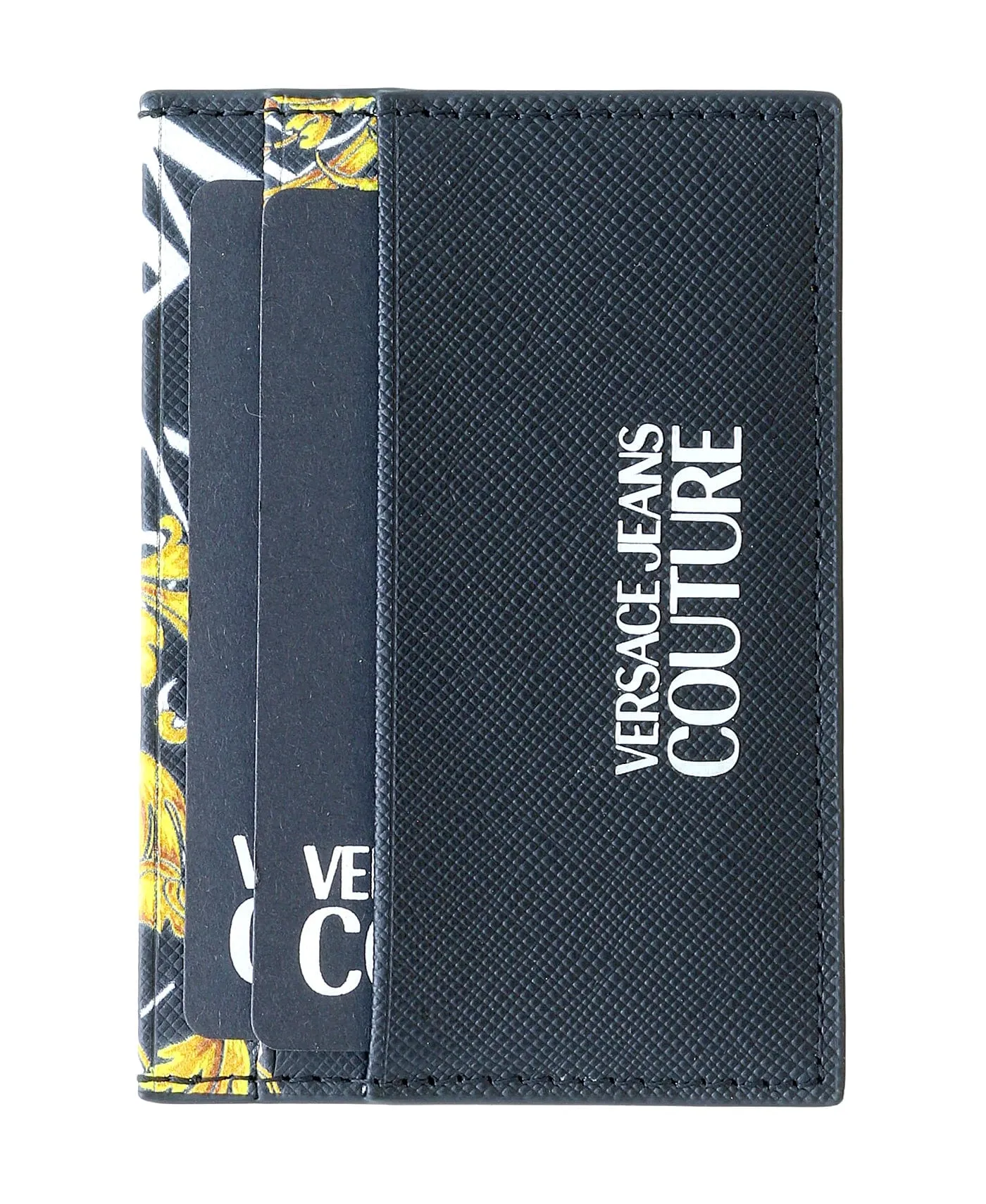 Versace Jeans Couture Black Gold Leather Baroque Brush Pattern Cardholder