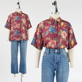 Vintage 90s Dark Burgundy Sheer Floral Blouse Short Sleeve Collared Top size L