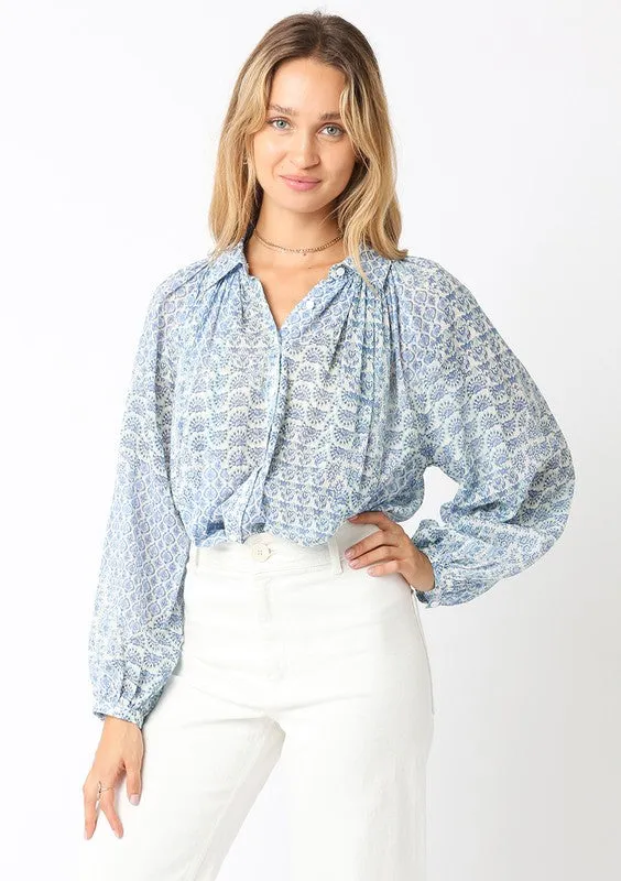 Wailist 2/5 ♥ Shirley Long Sleeve Button Down Abstract Print Blouse Blue