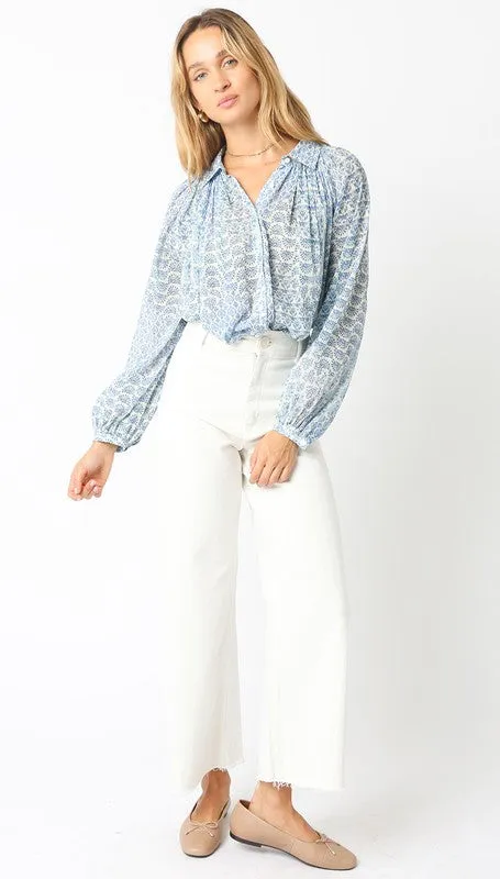 Wailist 2/5 ♥ Shirley Long Sleeve Button Down Abstract Print Blouse Blue