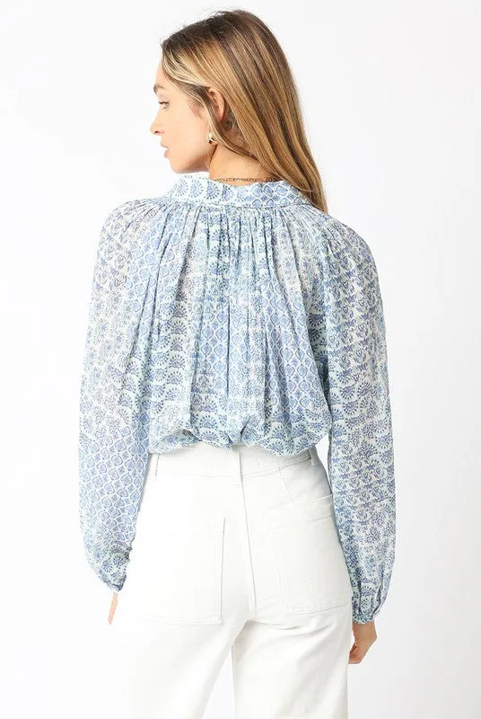 Wailist 2/5 ♥ Shirley Long Sleeve Button Down Abstract Print Blouse Blue