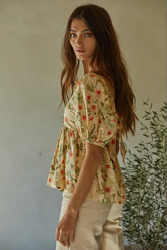 Wild Sunflower Babydoll Open Tie Back Blouse