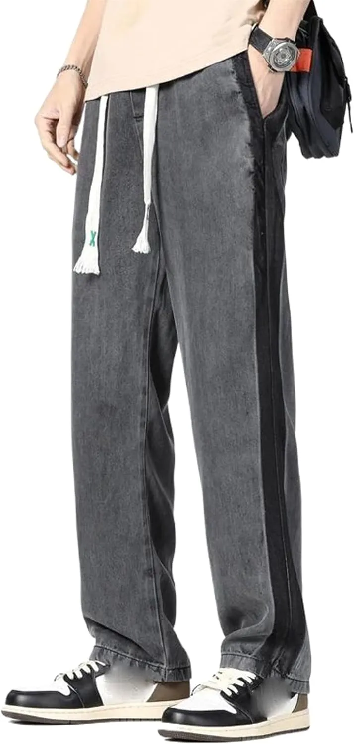 Winter Soft Men Thick Loose Straight Wide Leg Pants Drawstring Elastic Waist Korea Trouser