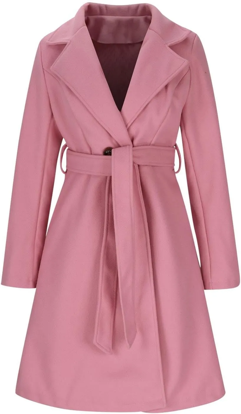 Women Elegant Wool Blend Peacoat Double Breasted Open Front Lapel Long Sleeve Trench Coat Knee Outerwear with Belt