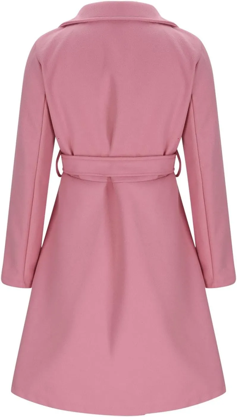 Women Elegant Wool Blend Peacoat Double Breasted Open Front Lapel Long Sleeve Trench Coat Knee Outerwear with Belt