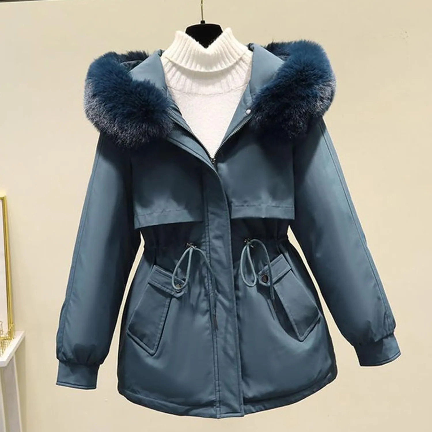 Womens 2024 Winter Fashion Cropped Coats Casual Warm Hood Puffer Jacket Elegant Long Sleeve Waist Cinching Down Coat