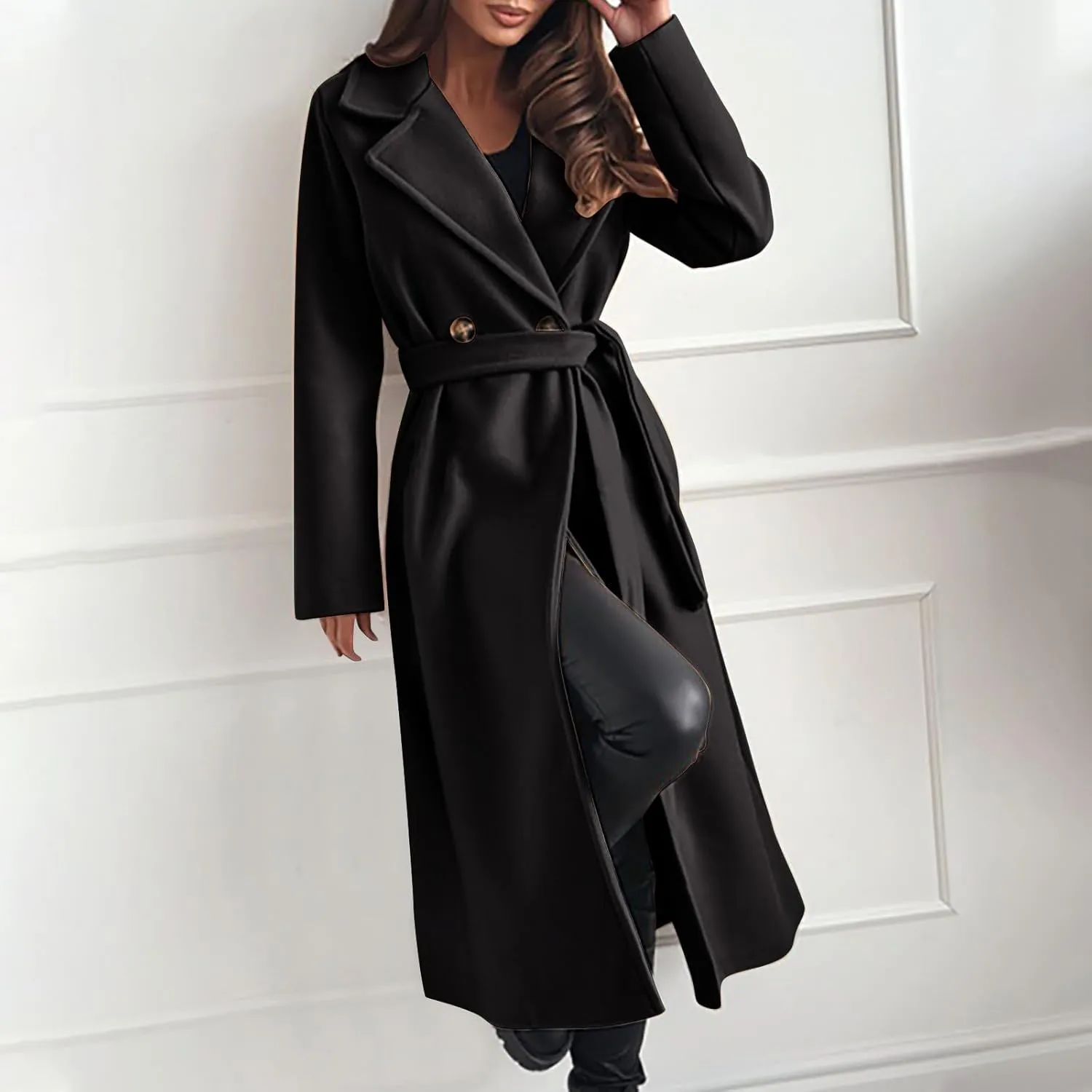 Women's Belted Casual Trench Coat, Oversized Loose Open Front Jackets Long Sleeve Elegant Evening Club Clothes Tops