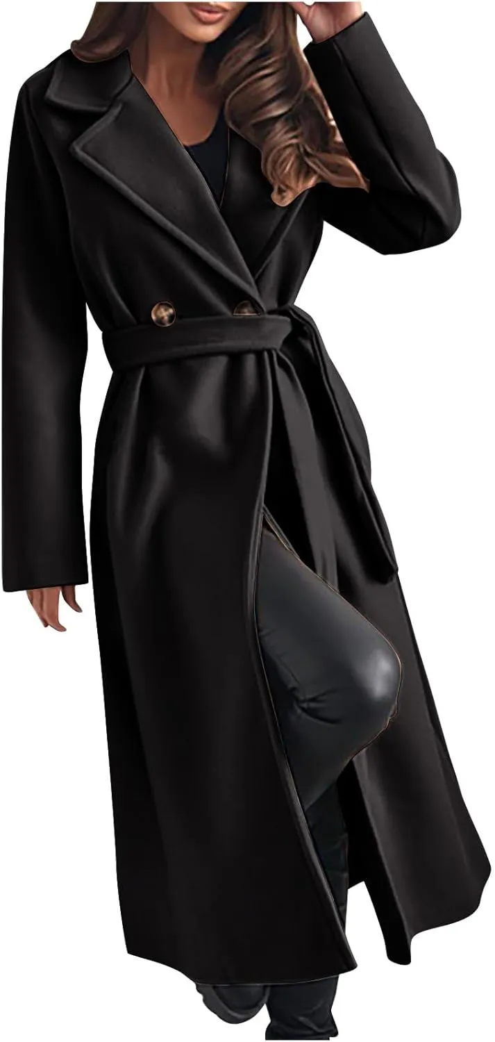 Women's Belted Casual Trench Coat, Oversized Loose Open Front Jackets Long Sleeve Elegant Evening Club Clothes Tops