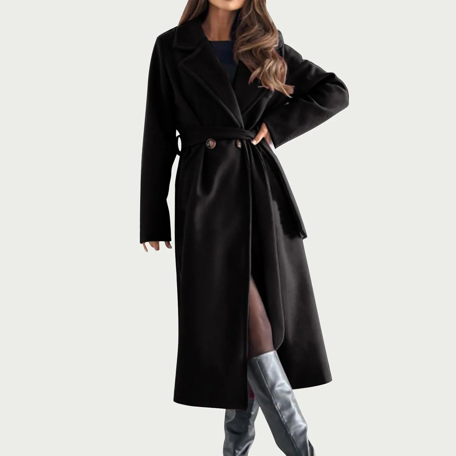 Women's Belted Casual Trench Coat, Oversized Loose Open Front Jackets Long Sleeve Elegant Evening Club Clothes Tops