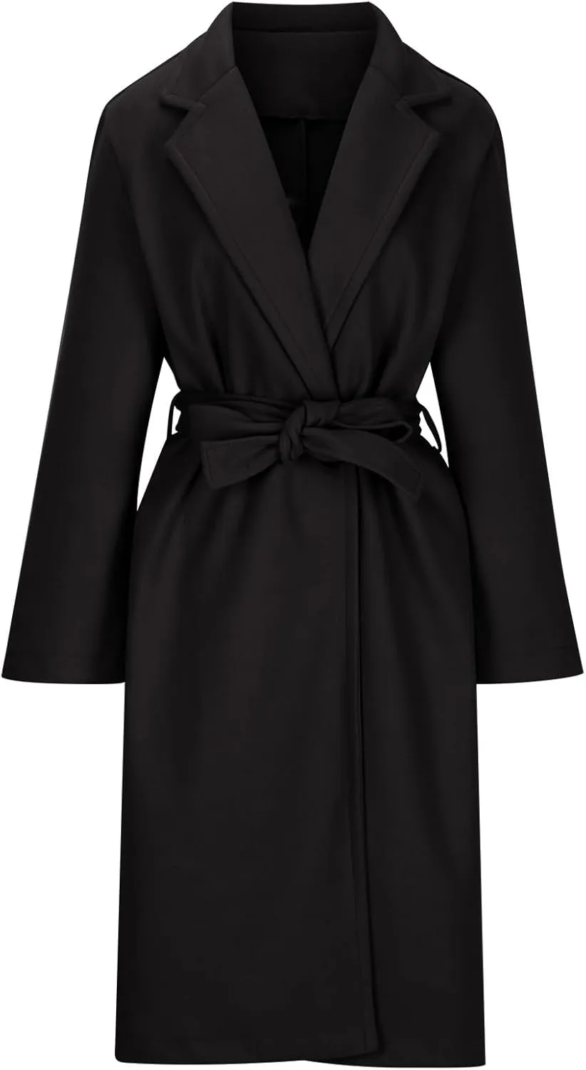 Women's Belted Casual Trench Coat, Oversized Loose Open Front Jackets Long Sleeve Elegant Evening Club Clothes Tops