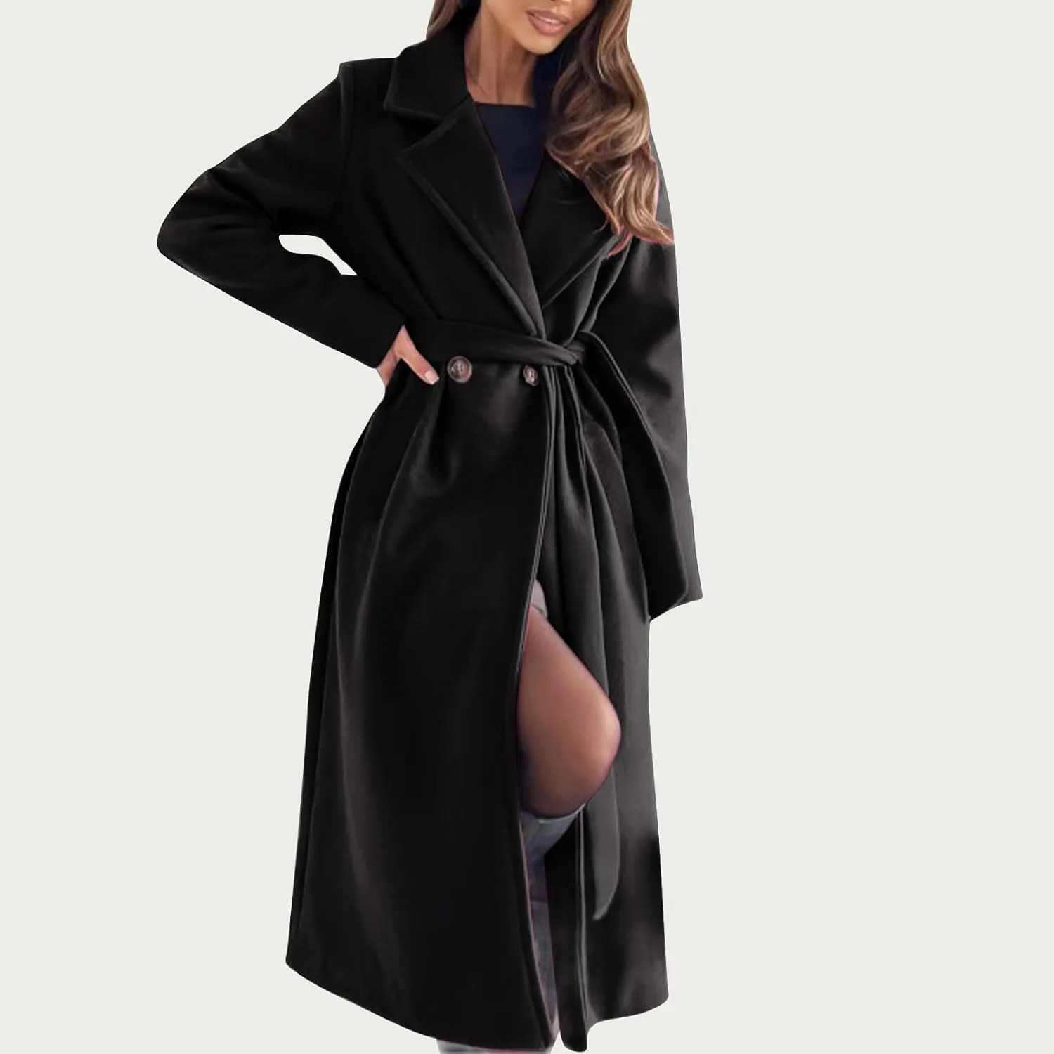 Women's Belted Casual Trench Coat, Oversized Loose Open Front Jackets Long Sleeve Elegant Evening Club Clothes Tops