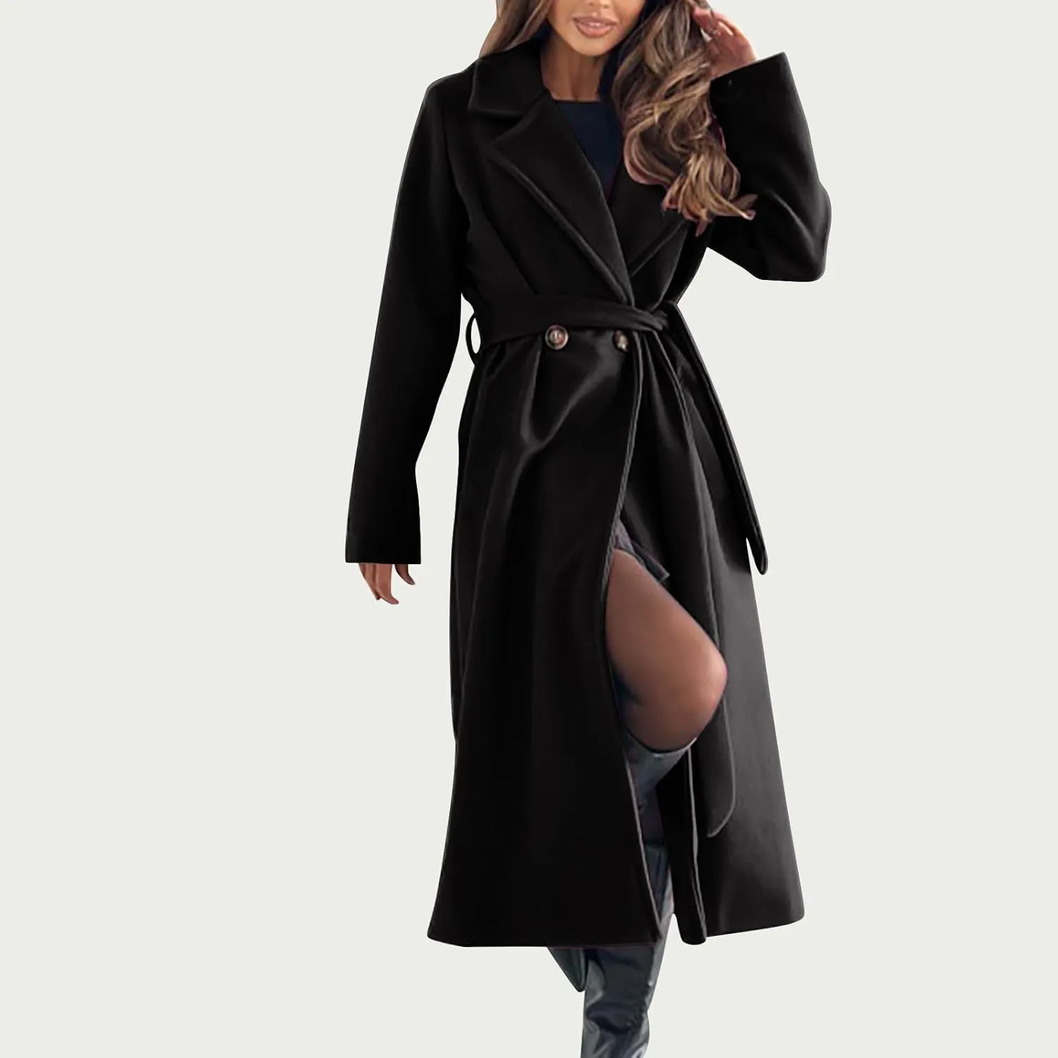 Women's Belted Casual Trench Coat, Oversized Loose Open Front Jackets Long Sleeve Elegant Evening Club Clothes Tops