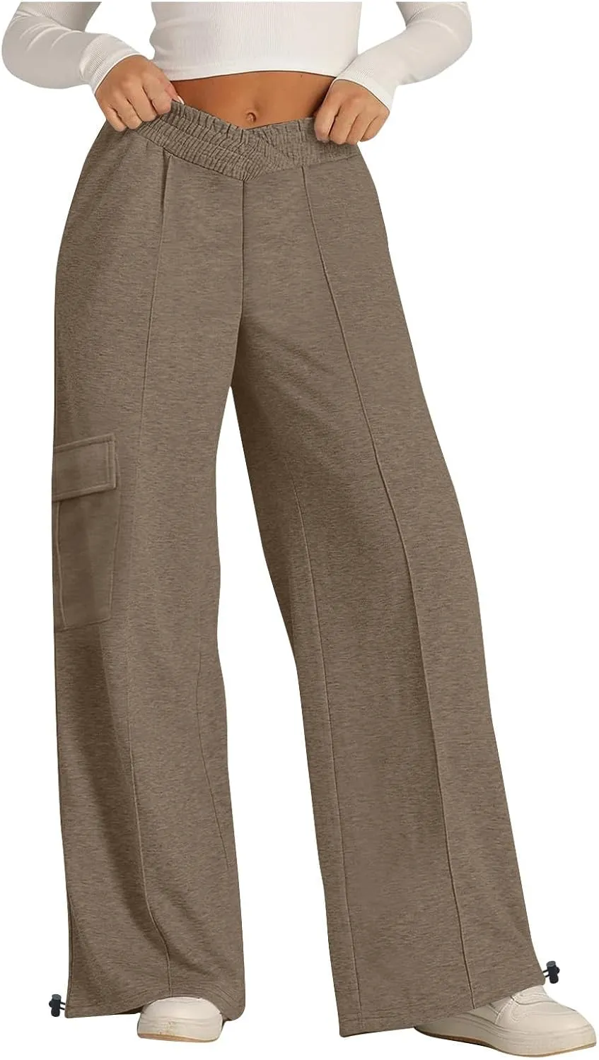 Women's Casual Pants Elastic High Waist Straight Leg Baggy Pant Lightweight Soft Comfy Solid Trousers with Pockets