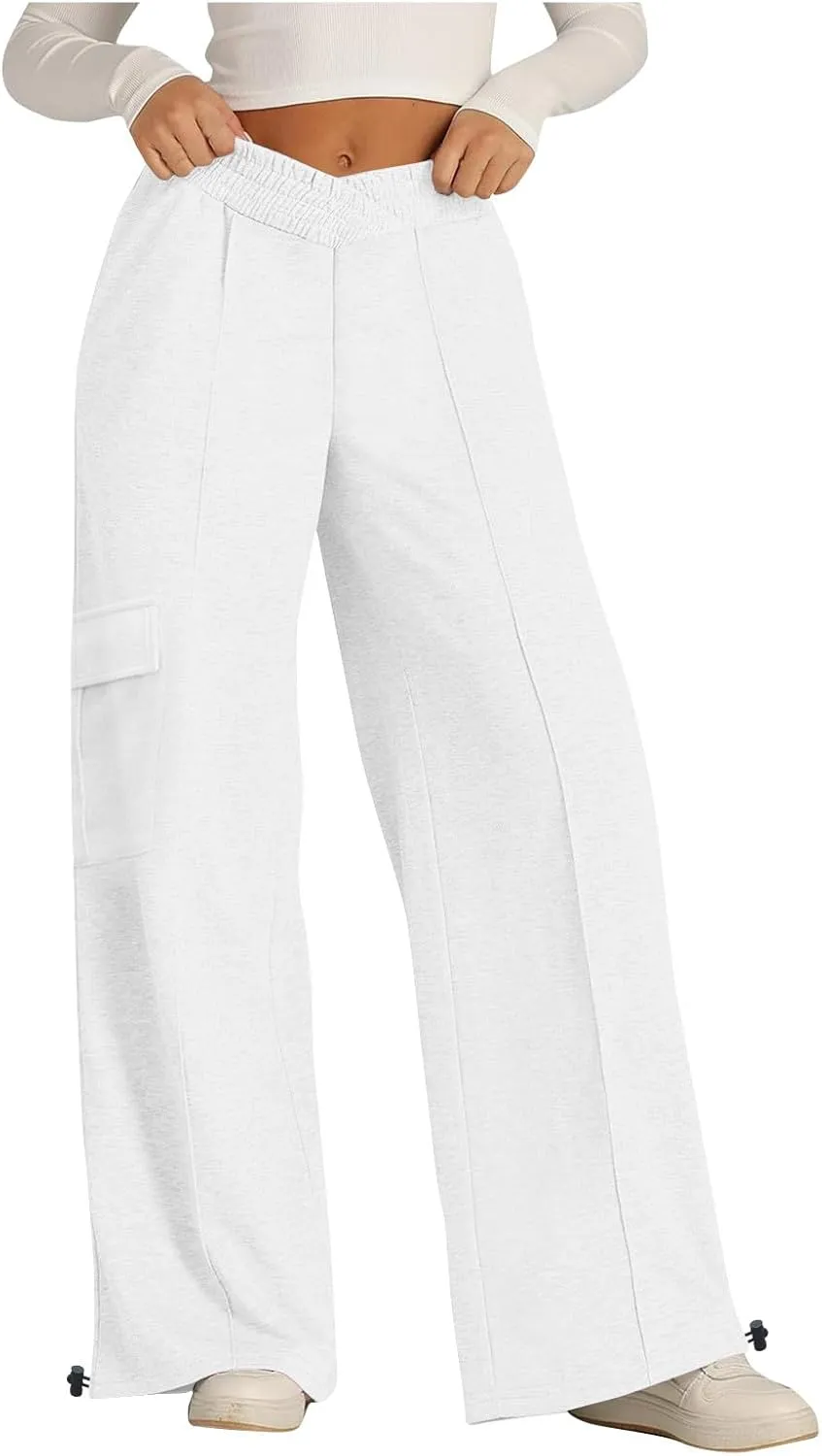 Women's Casual Pants Elastic High Waist Straight Leg Baggy Pant Lightweight Soft Comfy Solid Trousers with Pockets