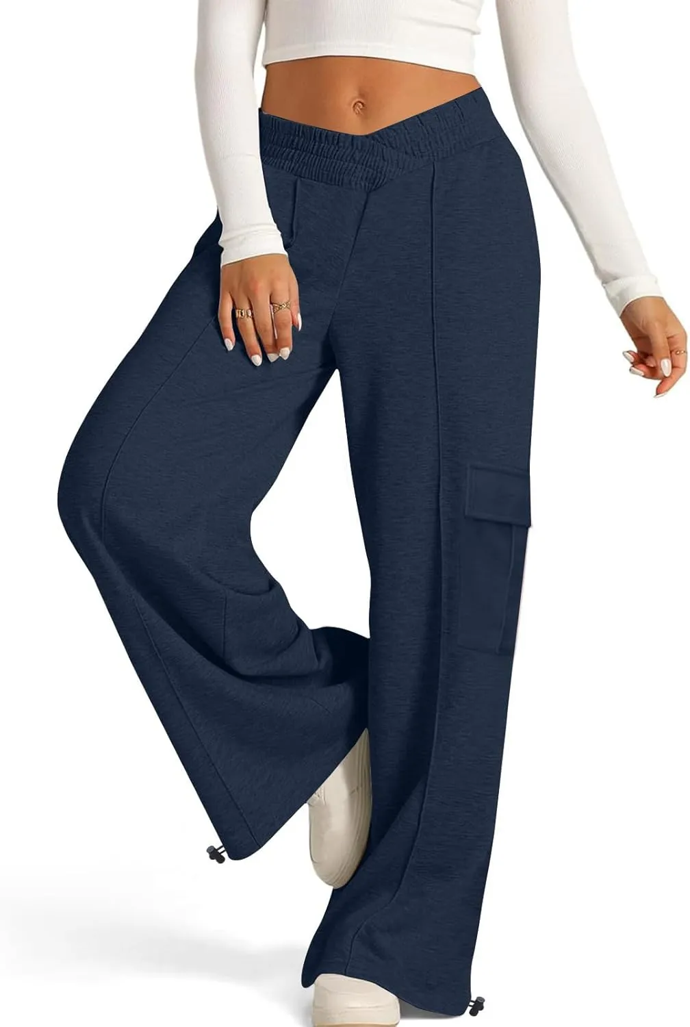 Women's Casual Pants Elastic High Waist Straight Leg Baggy Pant Lightweight Soft Comfy Solid Trousers with Pockets