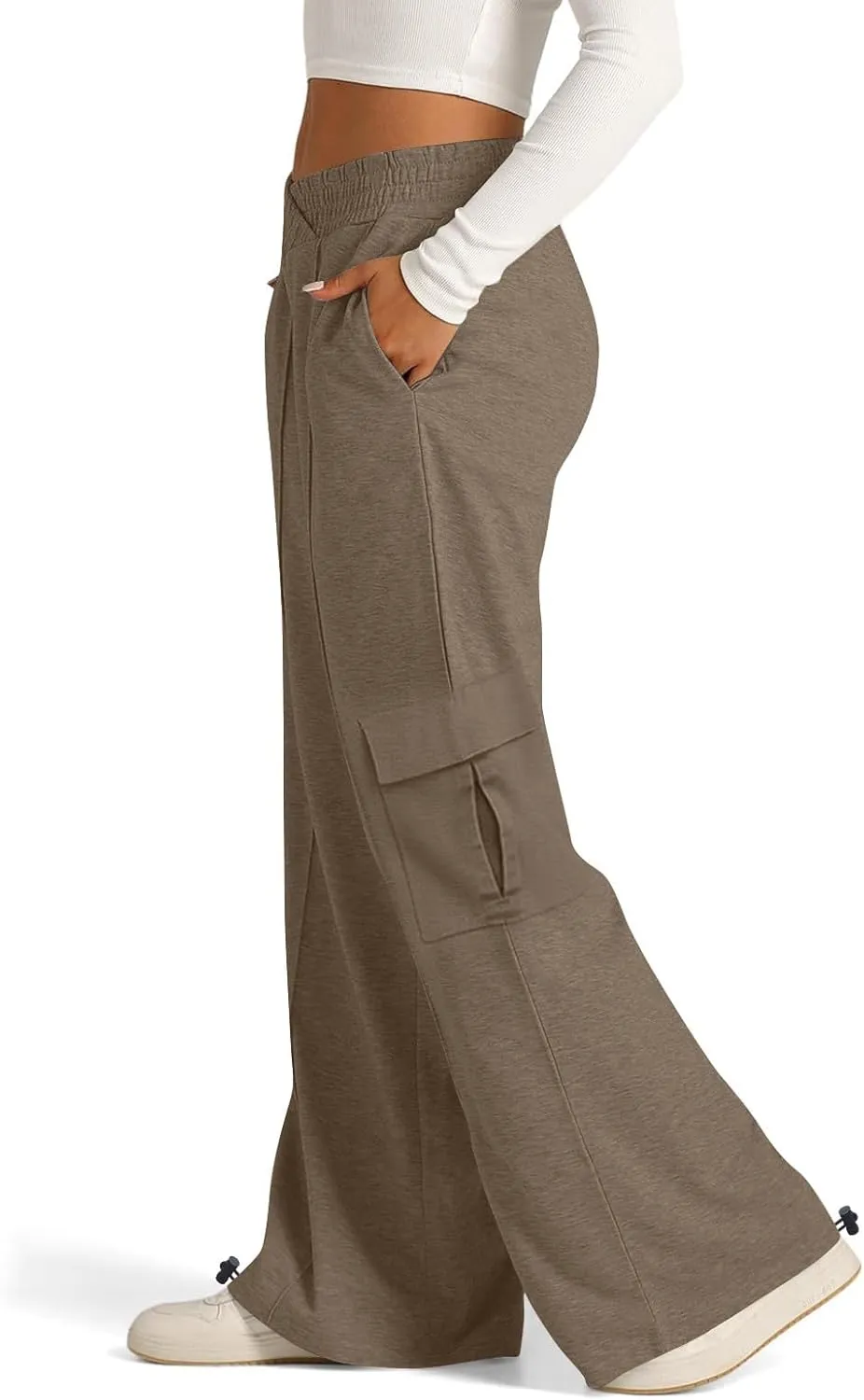 Women's Casual Pants Elastic High Waist Straight Leg Baggy Pant Lightweight Soft Comfy Solid Trousers with Pockets