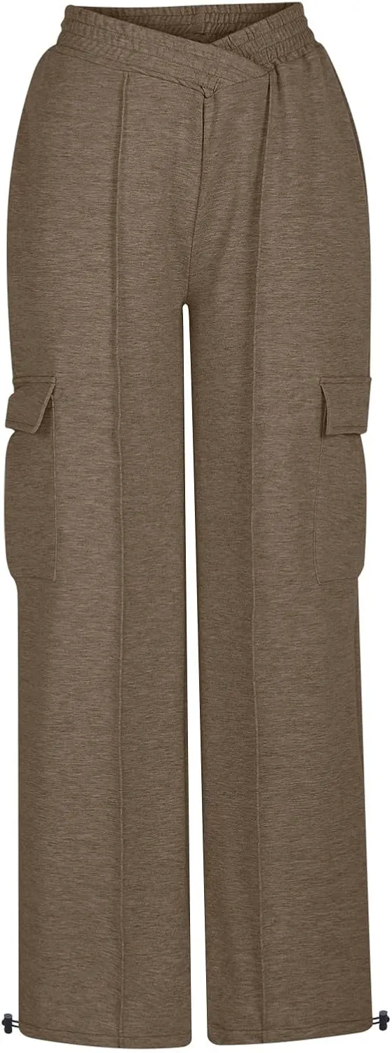 Women's Casual Pants Elastic High Waist Straight Leg Baggy Pant Lightweight Soft Comfy Solid Trousers with Pockets