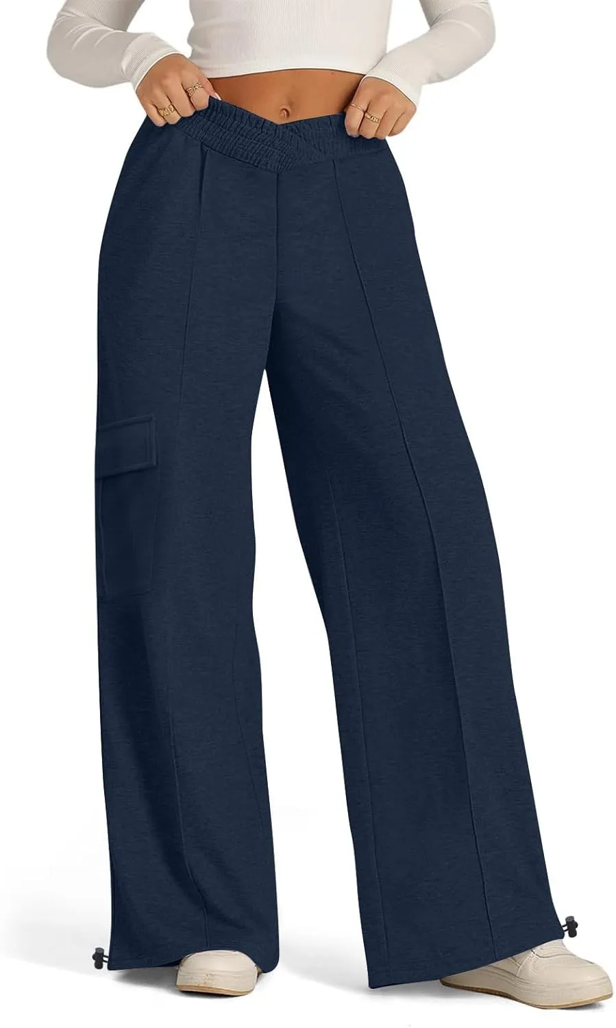 Women's Casual Pants Elastic High Waist Straight Leg Baggy Pant Lightweight Soft Comfy Solid Trousers with Pockets