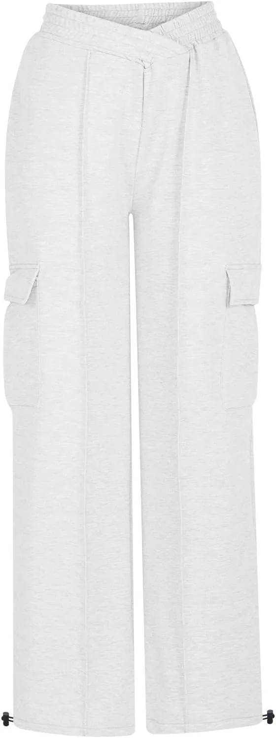 Women's Casual Pants Elastic High Waist Straight Leg Baggy Pant Lightweight Soft Comfy Solid Trousers with Pockets