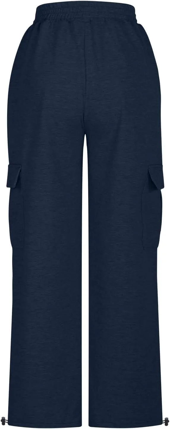 Women's Casual Pants Elastic High Waist Straight Leg Baggy Pant Lightweight Soft Comfy Solid Trousers with Pockets