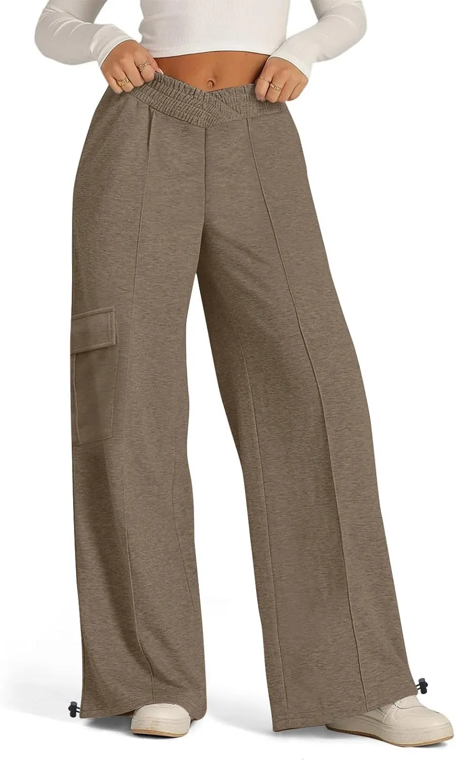 Women's Casual Pants Elastic High Waist Straight Leg Baggy Pant Lightweight Soft Comfy Solid Trousers with Pockets