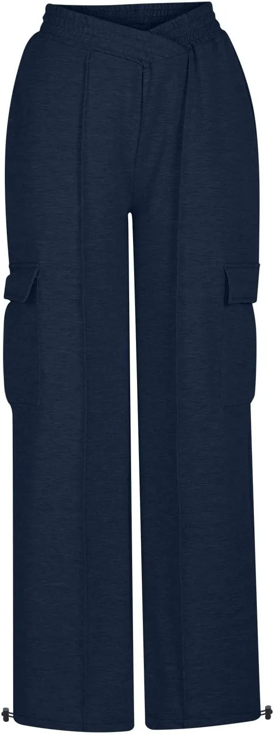 Women's Casual Pants Elastic High Waist Straight Leg Baggy Pant Lightweight Soft Comfy Solid Trousers with Pockets