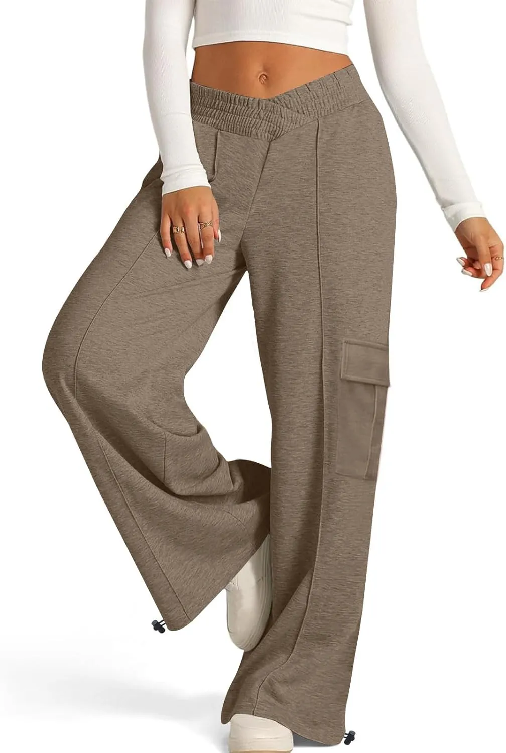 Women's Casual Pants Elastic High Waist Straight Leg Baggy Pant Lightweight Soft Comfy Solid Trousers with Pockets