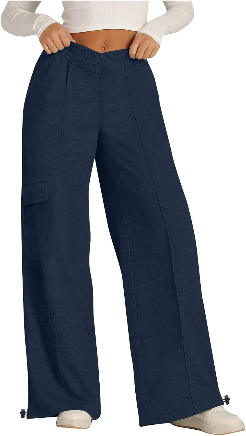 Women's Casual Pants Elastic High Waist Straight Leg Baggy Pant Lightweight Soft Comfy Solid Trousers with Pockets