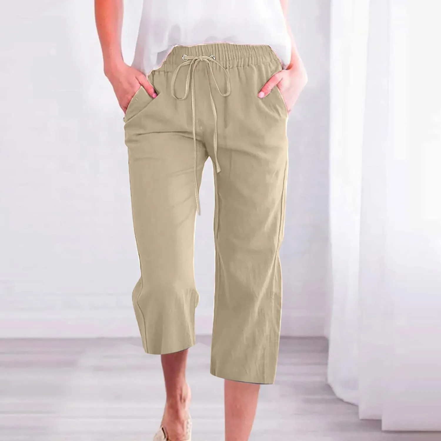 Womens Cotton Linen Pants Straight Leg Capris with Pockets 2025 Summer Pants Casual Lounge Loose Fit Soft Trousers