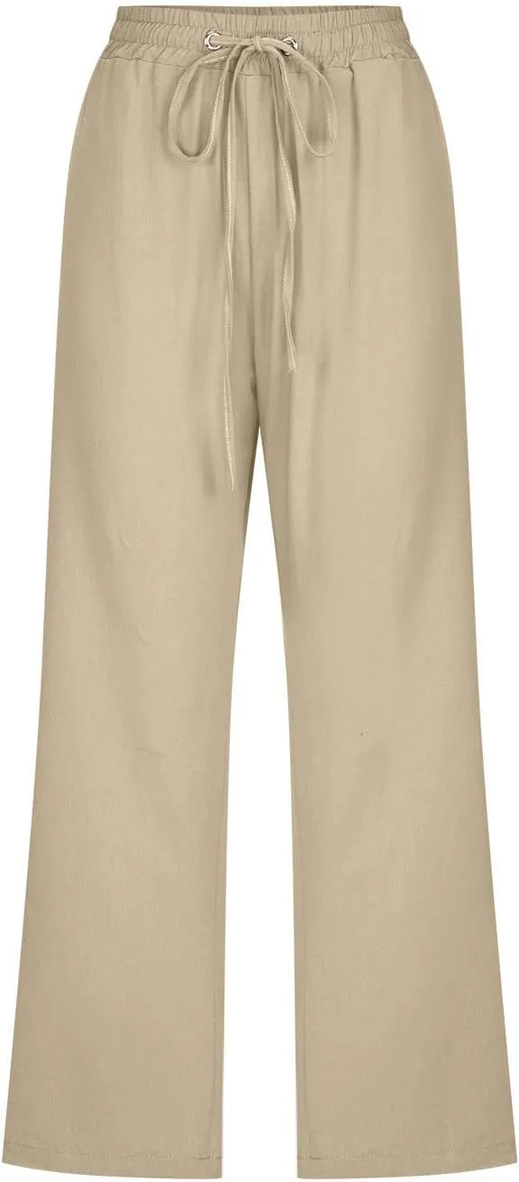 Womens Cotton Linen Pants Straight Leg Capris with Pockets 2025 Summer Pants Casual Lounge Loose Fit Soft Trousers