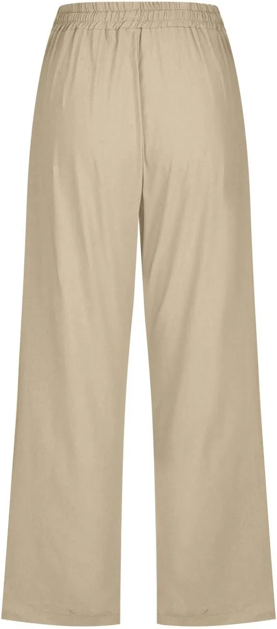Womens Cotton Linen Pants Straight Leg Capris with Pockets 2025 Summer Pants Casual Lounge Loose Fit Soft Trousers