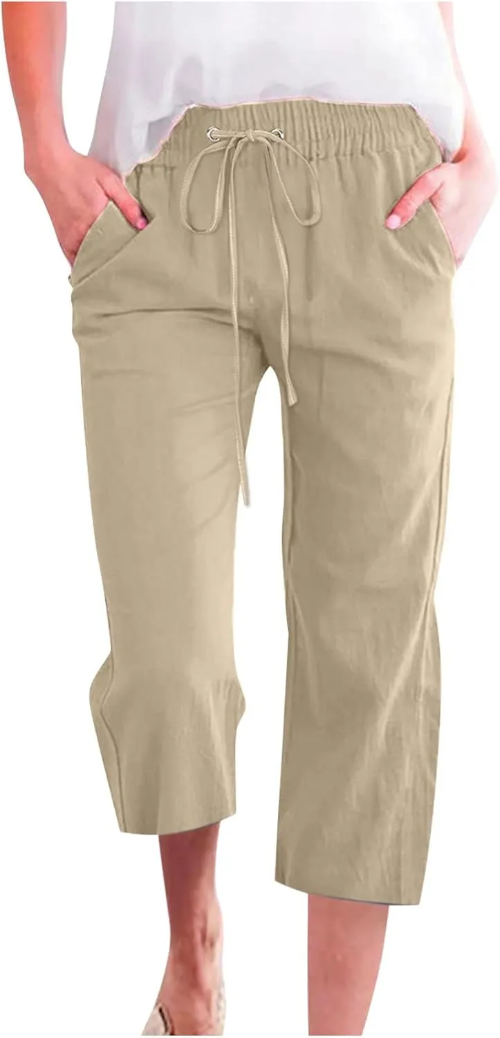 Womens Cotton Linen Pants Straight Leg Capris with Pockets 2025 Summer Pants Casual Lounge Loose Fit Soft Trousers