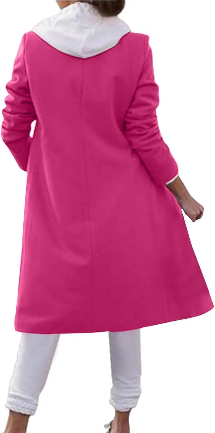 Women's Double Breasted Midi Pea Coat Wool Blend Lapel Long Sleeve Trench Jacket Winter Elegant Oversized Outwear