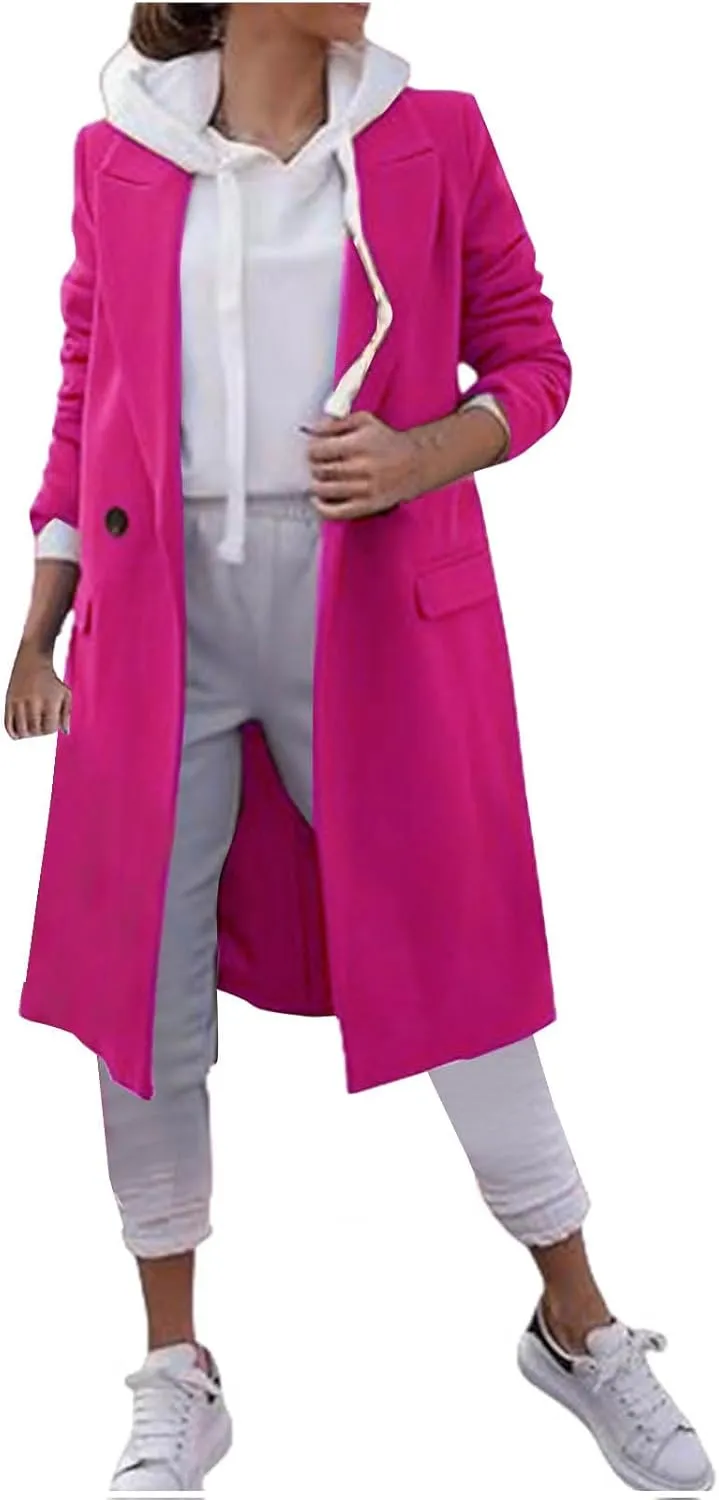 Women's Double Breasted Midi Pea Coat Wool Blend Lapel Long Sleeve Trench Jacket Winter Elegant Oversized Outwear