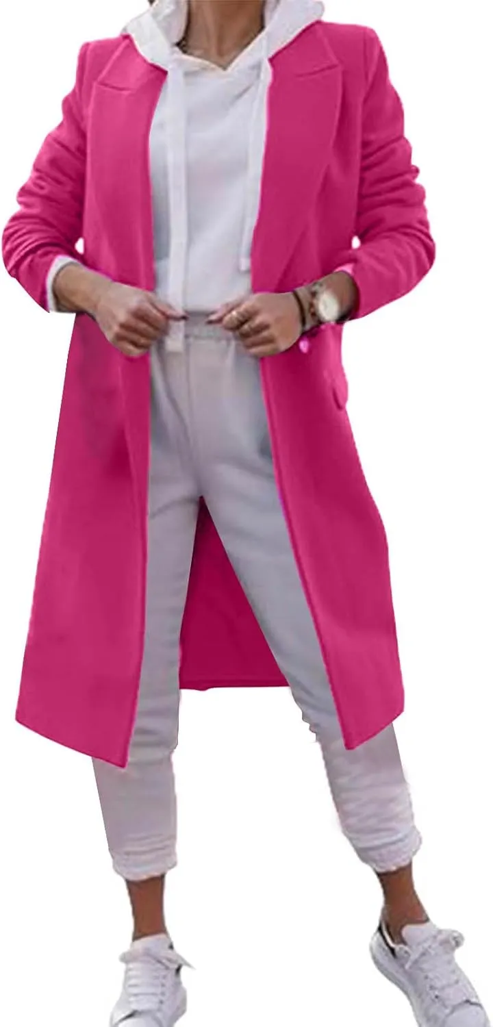 Women's Double Breasted Midi Pea Coat Wool Blend Lapel Long Sleeve Trench Jacket Winter Elegant Oversized Outwear