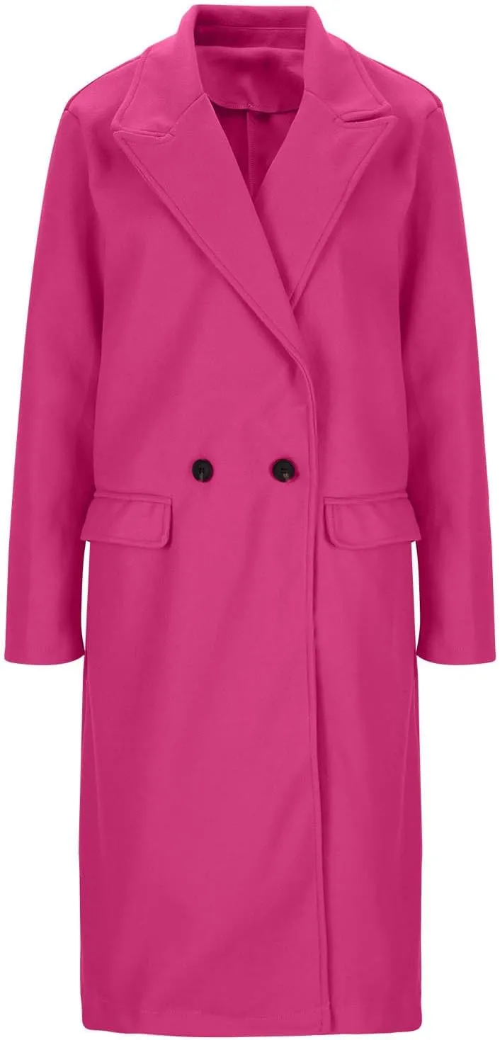 Women's Double Breasted Midi Pea Coat Wool Blend Lapel Long Sleeve Trench Jacket Winter Elegant Oversized Outwear