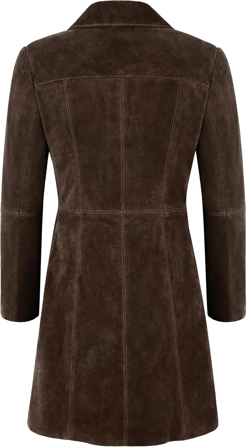 Women's Elegant Trench Coat Classic Real Suede Leather Knee-Length Slim Fit Coat 3457