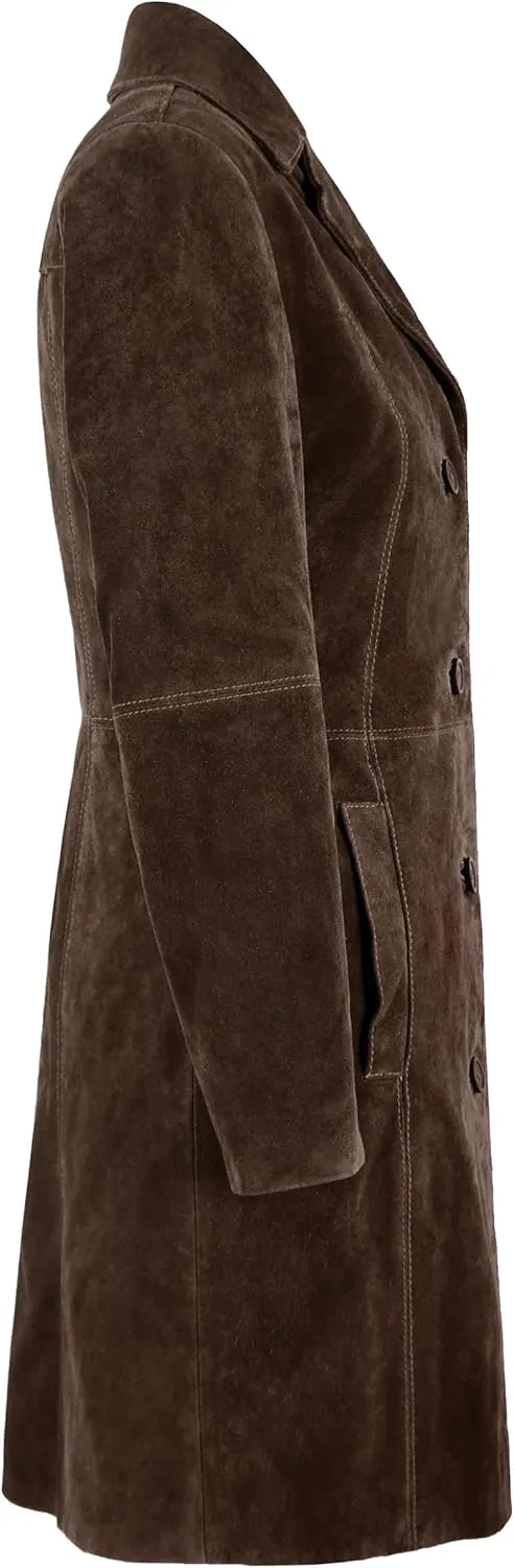 Women's Elegant Trench Coat Classic Real Suede Leather Knee-Length Slim Fit Coat 3457