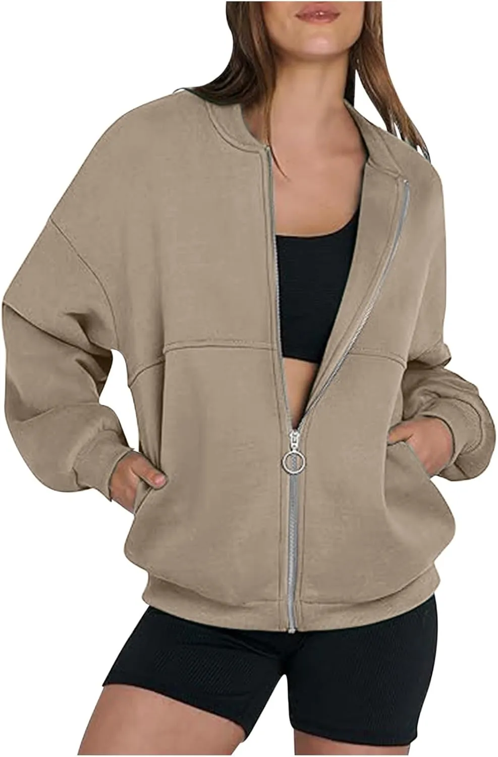 Womens Fleece Jacket Full Zip Crop Hoodie Long Sleeve Stretchy Pullover Sweatshirts Oversized 2024 Fall Winter Coat