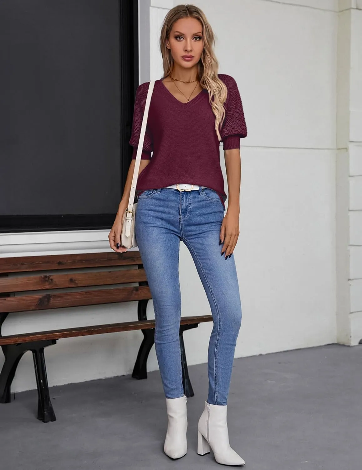 Womens Lightweight Cute Crochet Knit Short Sleeve Sweater Spring 2025 V Neck Eyelet Hollow Out Thin T Shirt Top