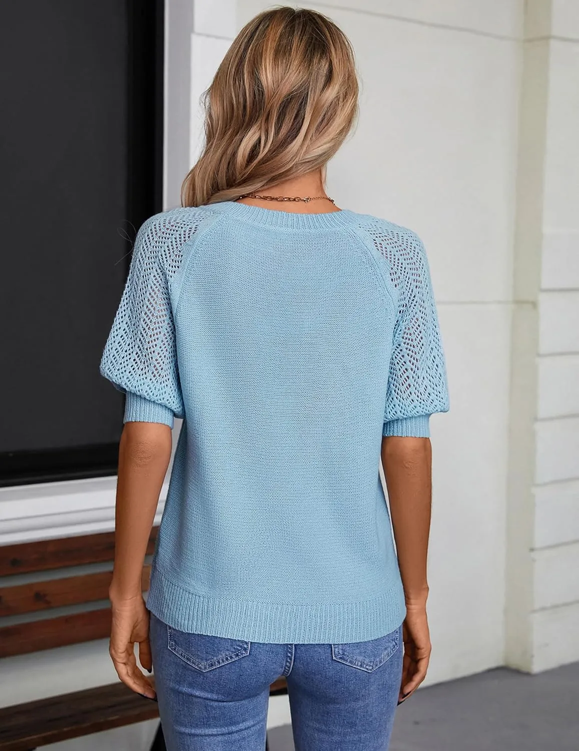 Womens Lightweight Cute Crochet Knit Short Sleeve Sweater Spring 2025 V Neck Eyelet Hollow Out Thin T Shirt Top