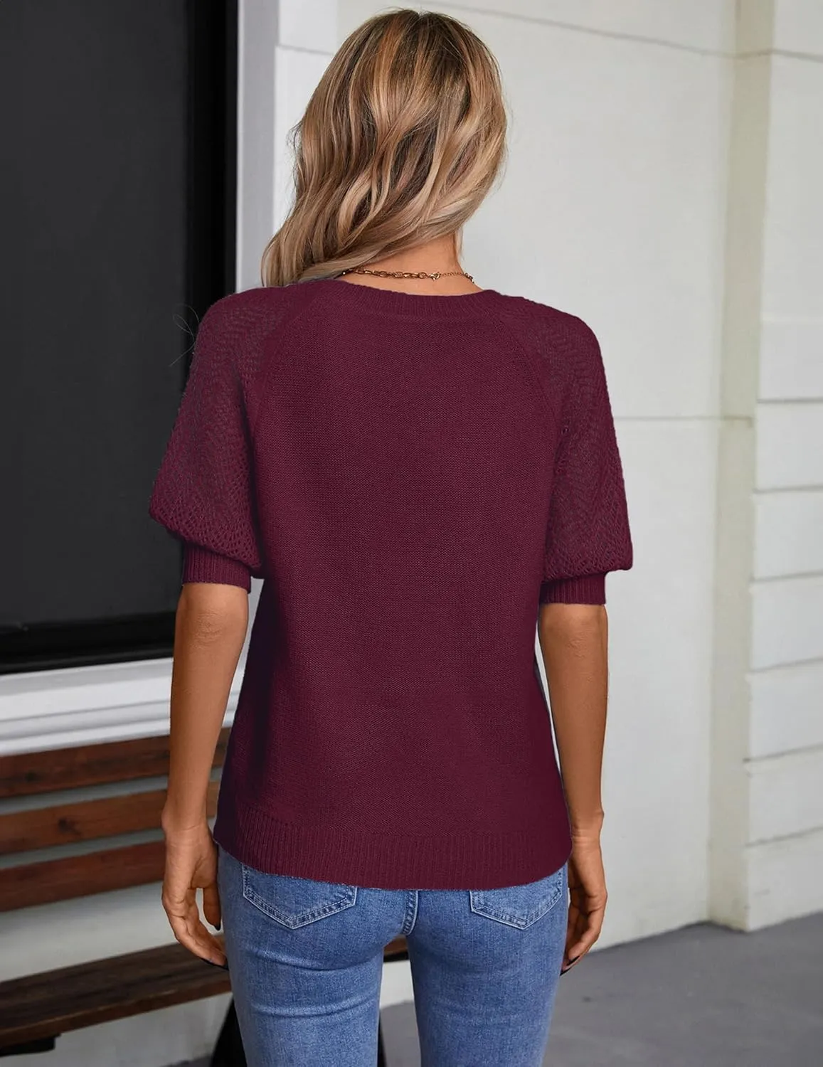 Womens Lightweight Cute Crochet Knit Short Sleeve Sweater Spring 2025 V Neck Eyelet Hollow Out Thin T Shirt Top