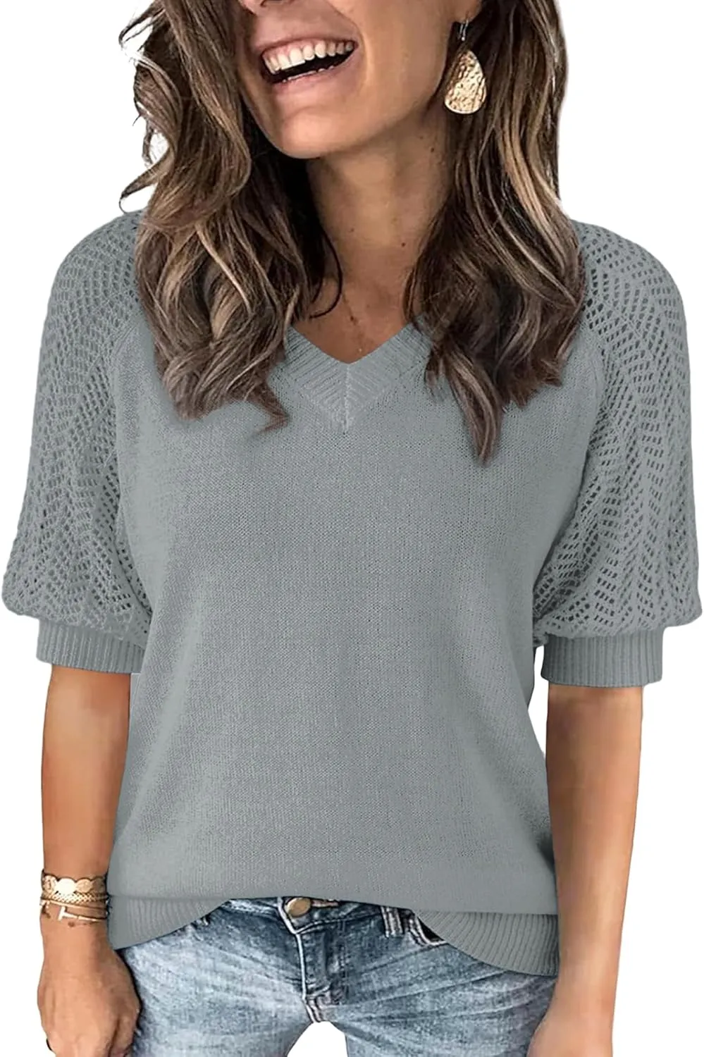 Womens Lightweight Cute Crochet Knit Short Sleeve Sweater Spring 2025 V Neck Eyelet Hollow Out Thin T Shirt Top