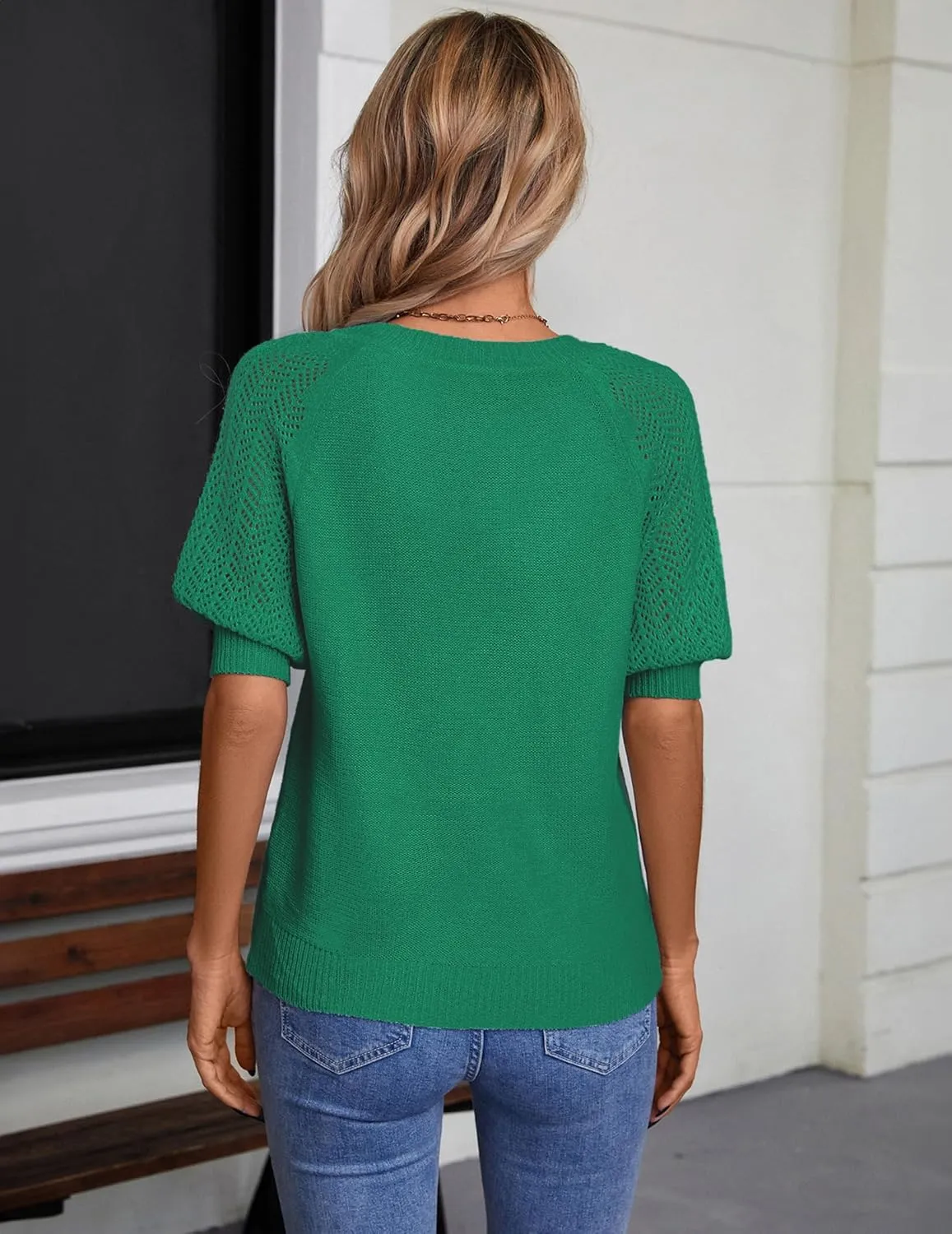 Womens Lightweight Cute Crochet Knit Short Sleeve Sweater Spring 2025 V Neck Eyelet Hollow Out Thin T Shirt Top