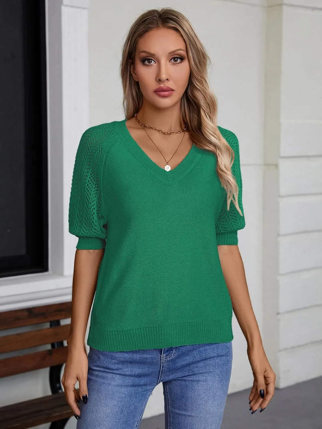 Womens Lightweight Cute Crochet Knit Short Sleeve Sweater Spring 2025 V Neck Eyelet Hollow Out Thin T Shirt Top
